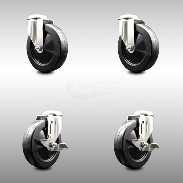5 Inch 316SS Hard Rubber Wheel Swivel Bolt Hole Caster Brakes SCC, 2PK